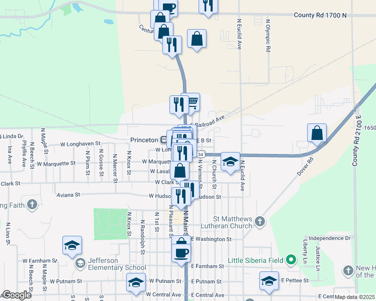 map of restaurants, bars, coffee shops, grocery stores, and more near 1007 North Main Street in Princeton