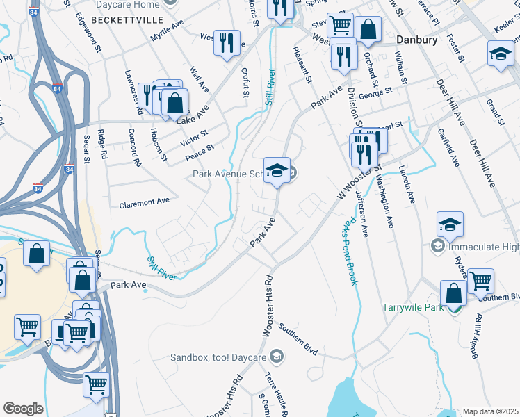 map of restaurants, bars, coffee shops, grocery stores, and more near 93 Park Avenue in Danbury
