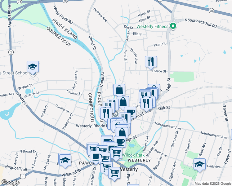 map of restaurants, bars, coffee shops, grocery stores, and more near 9 Geranium Lane in Westerly