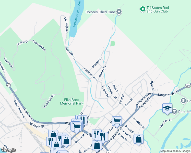 map of restaurants, bars, coffee shops, grocery stores, and more near 103 Hudson Street in Port Jervis