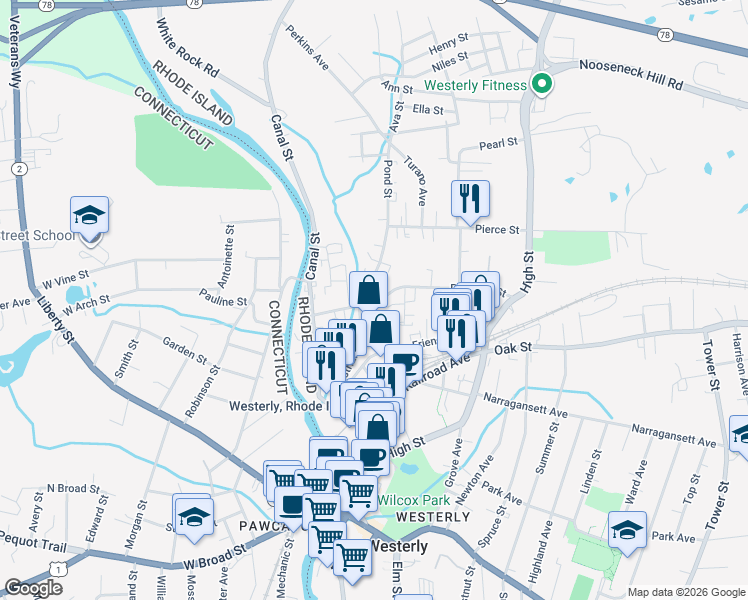 map of restaurants, bars, coffee shops, grocery stores, and more near 9 Geranium Lane in Westerly