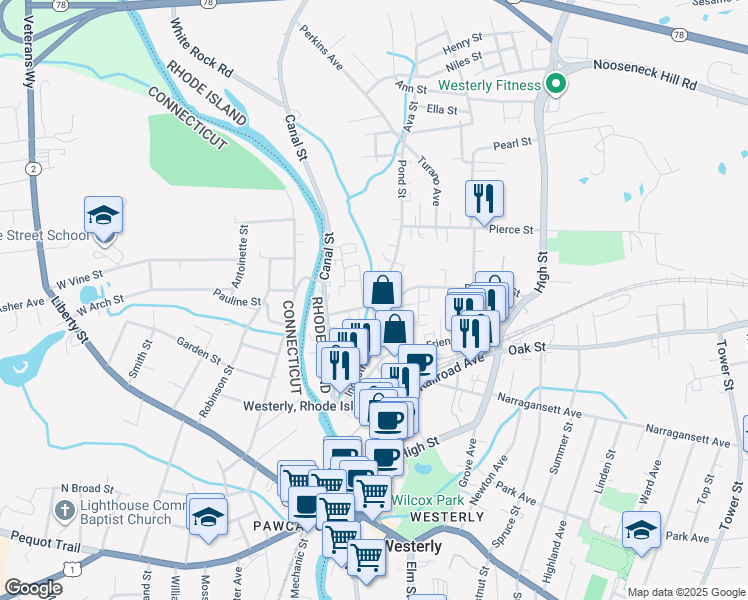 map of restaurants, bars, coffee shops, grocery stores, and more near 9 Geranium Lane in Westerly