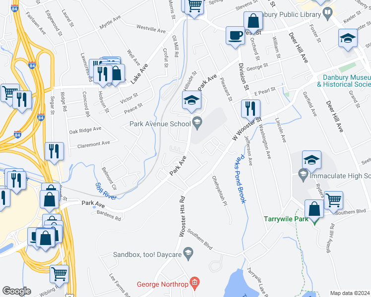 map of restaurants, bars, coffee shops, grocery stores, and more near 93 Park Avenue in Danbury