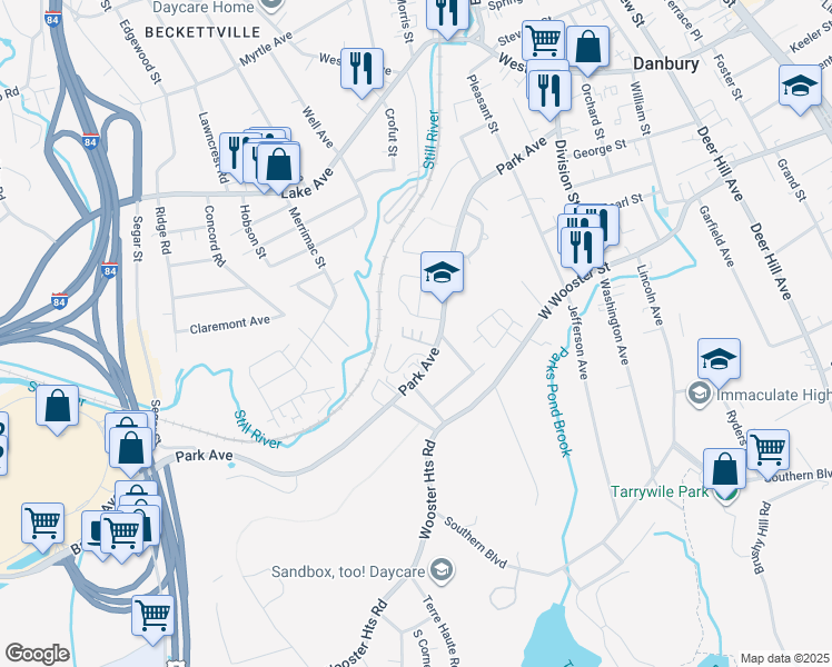 map of restaurants, bars, coffee shops, grocery stores, and more near 93 Park Avenue in Danbury