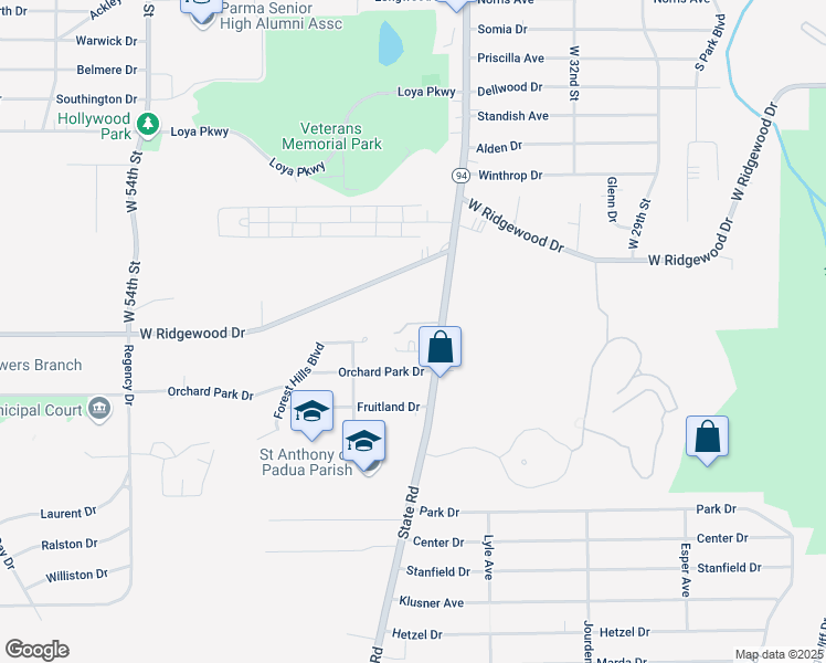 map of restaurants, bars, coffee shops, grocery stores, and more near 6630 State Road in Parma