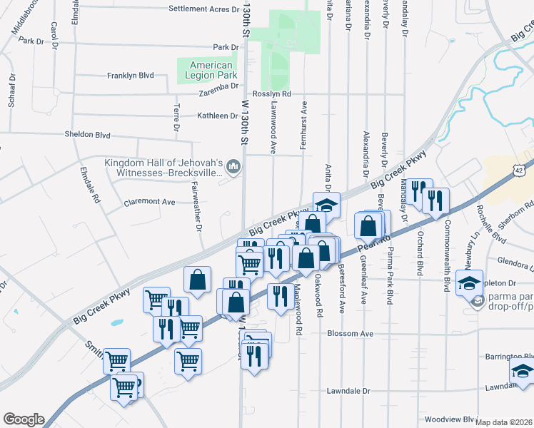 map of restaurants, bars, coffee shops, grocery stores, and more near 6584 Lawnwood Avenue in Parma Heights