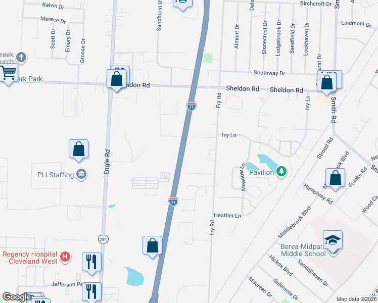 map of restaurants, bars, coffee shops, grocery stores, and more near 16825 Benedict Drive in Middleburg Heights