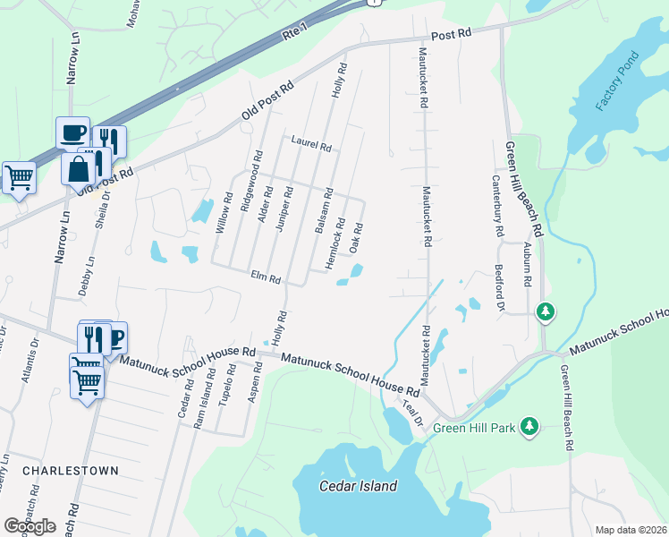 map of restaurants, bars, coffee shops, grocery stores, and more near 35 Hemlock Road in South Kingstown