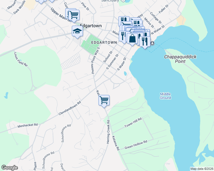 map of restaurants, bars, coffee shops, grocery stores, and more near 11 Cummings Way in Edgartown