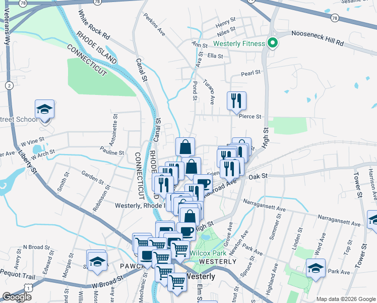 map of restaurants, bars, coffee shops, grocery stores, and more near 9 Geranium Lane in Westerly
