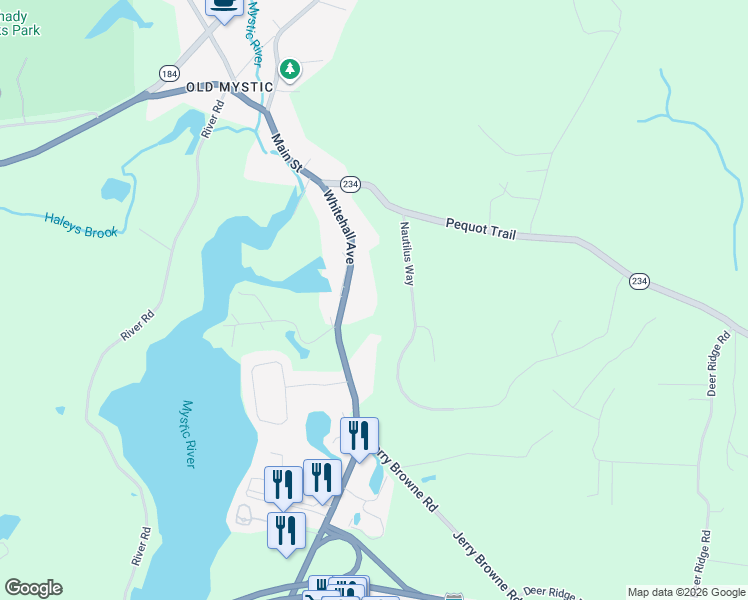 map of restaurants, bars, coffee shops, grocery stores, and more near 152 Whitehall Avenue in Stonington