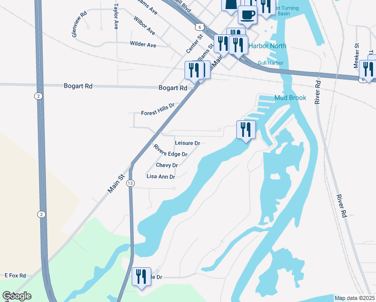map of restaurants, bars, coffee shops, grocery stores, and more near 410 Leisure Drive in Huron