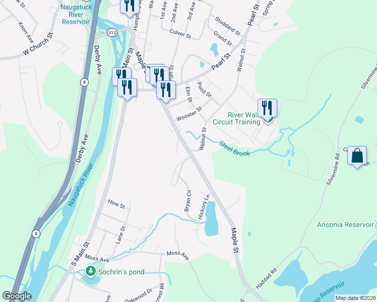 map of restaurants, bars, coffee shops, grocery stores, and more near 94 Maple Street in Seymour