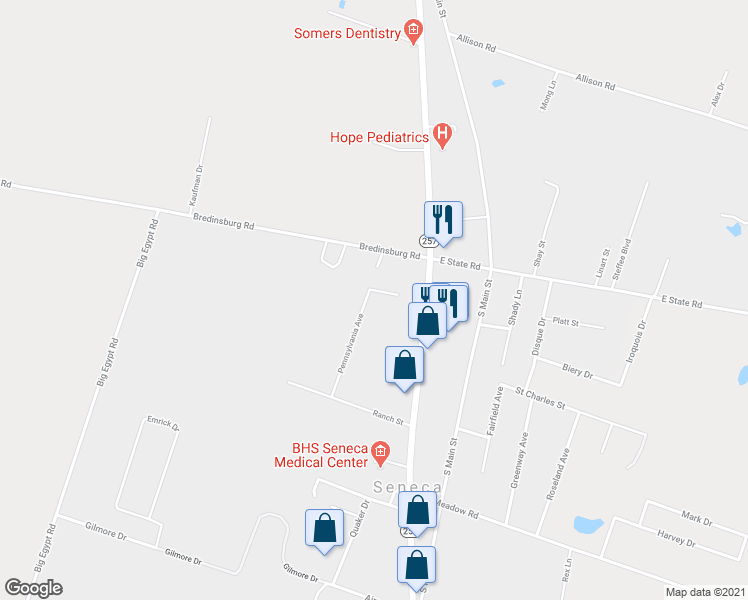 map of restaurants, bars, coffee shops, grocery stores, and more near 122 Pennsylvania Avenue in Seneca