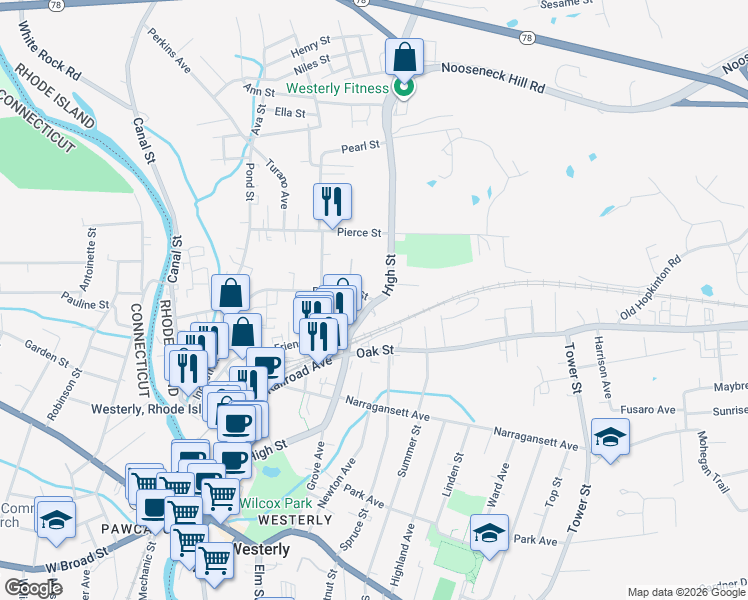 map of restaurants, bars, coffee shops, grocery stores, and more near 5 Pleasant Street in Westerly