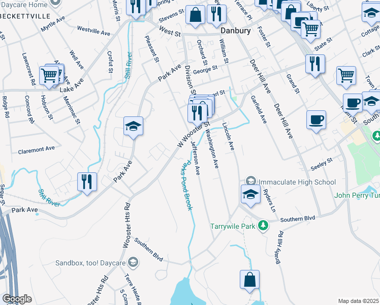 map of restaurants, bars, coffee shops, grocery stores, and more near 63 Jefferson Avenue in Danbury