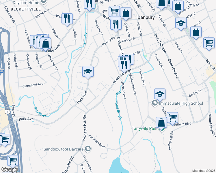 map of restaurants, bars, coffee shops, grocery stores, and more near 18 Fairview Drive in Danbury