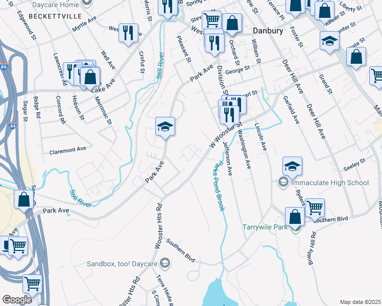 map of restaurants, bars, coffee shops, grocery stores, and more near 18 Fairview Drive in Danbury