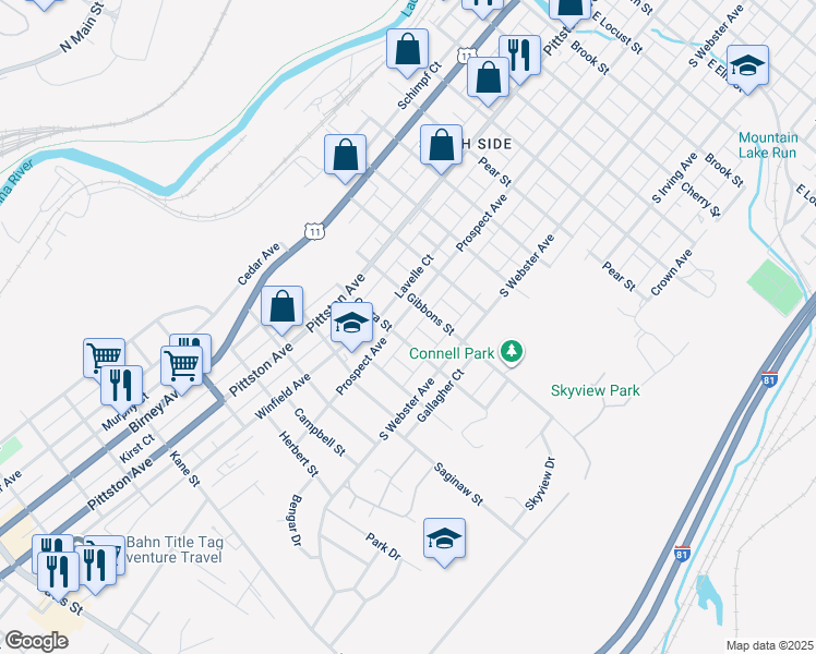 map of restaurants, bars, coffee shops, grocery stores, and more near 2122-2124 Prospect Avenue in Scranton