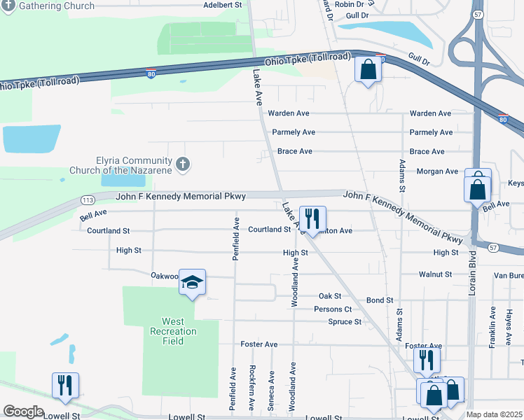 map of restaurants, bars, coffee shops, grocery stores, and more near 1018 Bell Court in Elyria