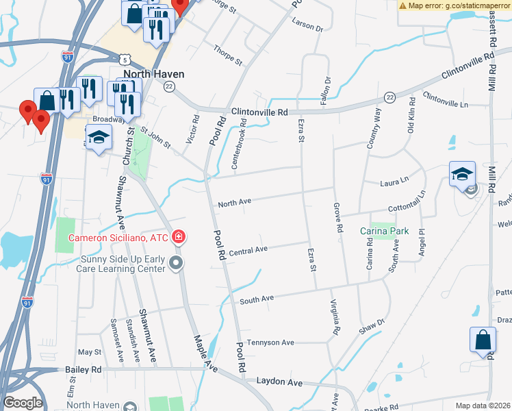 map of restaurants, bars, coffee shops, grocery stores, and more near 21 North Avenue in North Haven