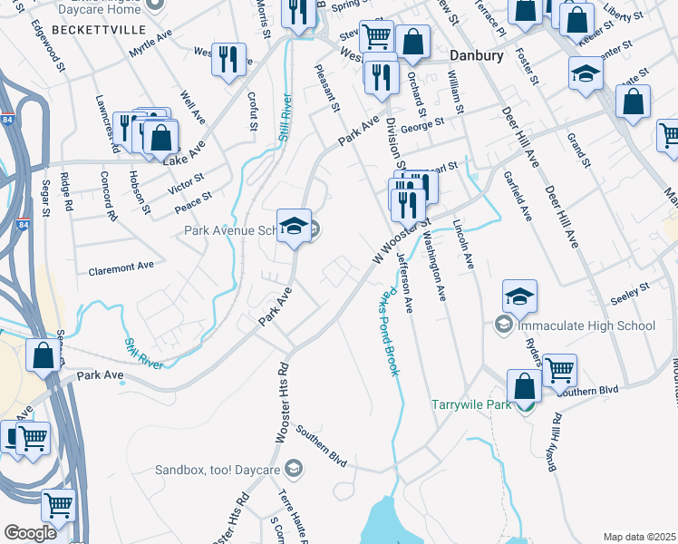 map of restaurants, bars, coffee shops, grocery stores, and more near 18 Fairview Drive in Danbury