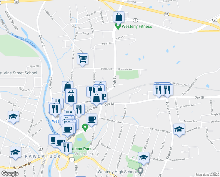 map of restaurants, bars, coffee shops, grocery stores, and more near 5 Pleasant Street in Westerly