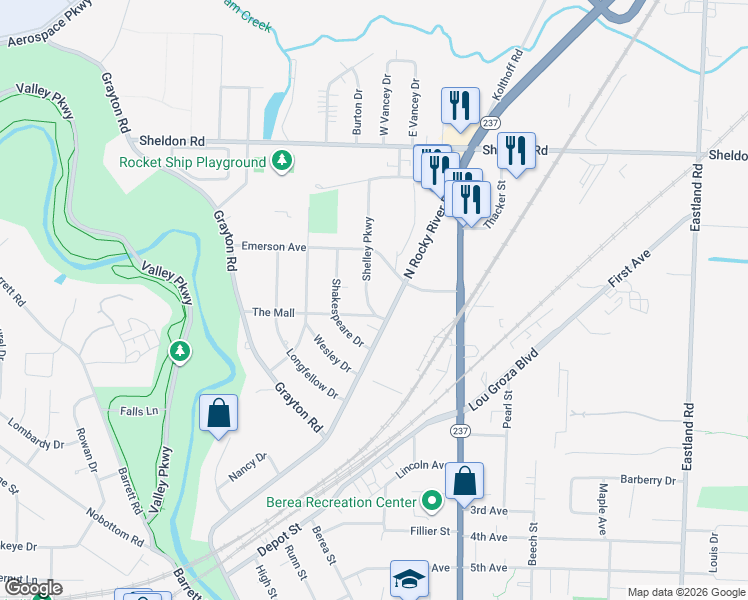 map of restaurants, bars, coffee shops, grocery stores, and more near 707 North Rocky River Drive in Berea
