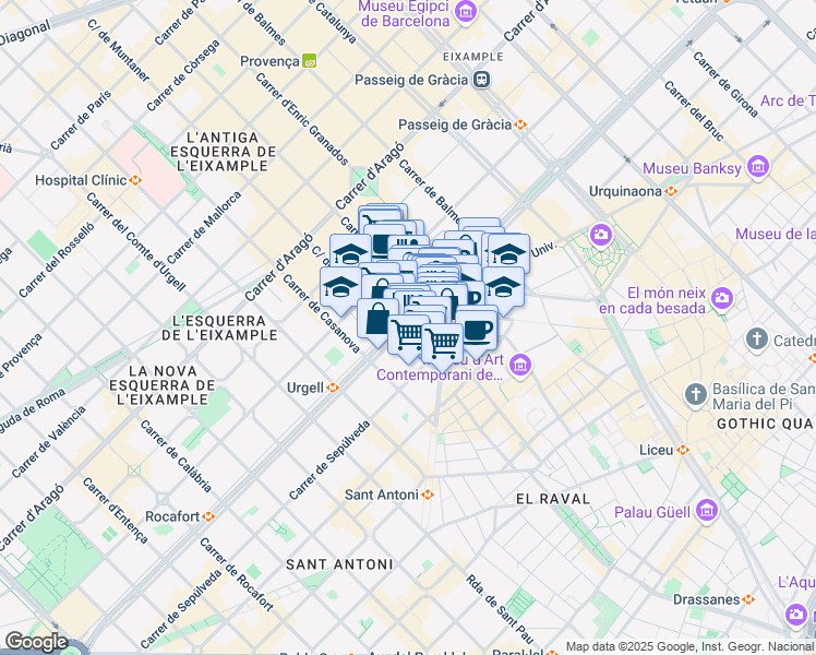 map of restaurants, bars, coffee shops, grocery stores, and more near 580 Gran Via de les Corts Catalanes in Barcelona