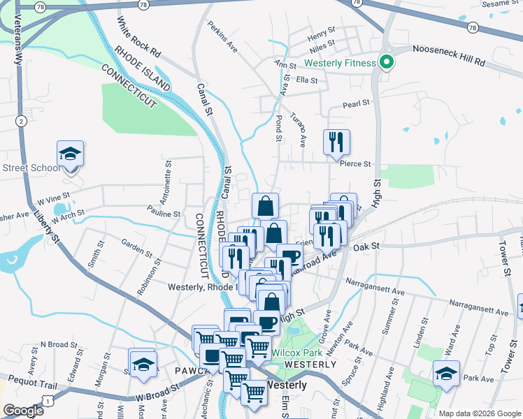 map of restaurants, bars, coffee shops, grocery stores, and more near 95 Pierce Street in Westerly