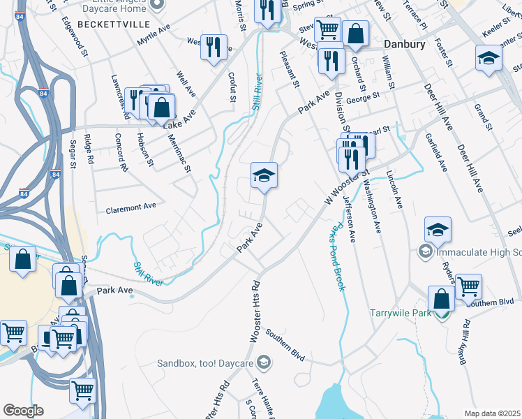 map of restaurants, bars, coffee shops, grocery stores, and more near 93 Park Avenue in Danbury
