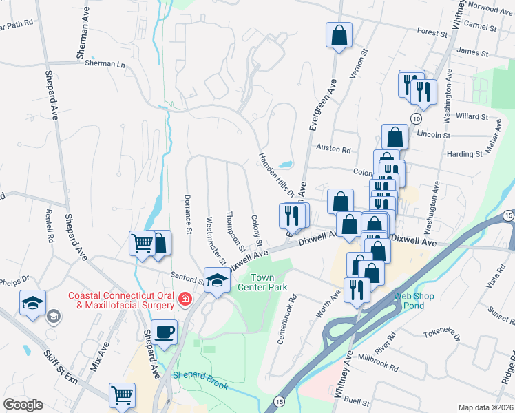 map of restaurants, bars, coffee shops, grocery stores, and more near 77 Colony Street in Hamden