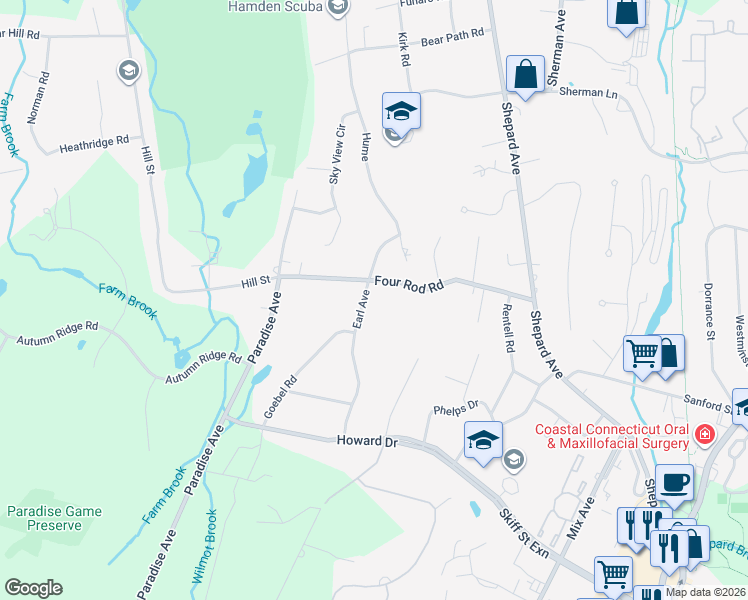 map of restaurants, bars, coffee shops, grocery stores, and more near 18 Earl Avenue in Hamden