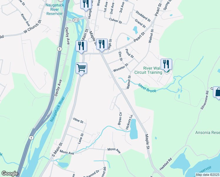map of restaurants, bars, coffee shops, grocery stores, and more near 12 Marie Drive in Seymour