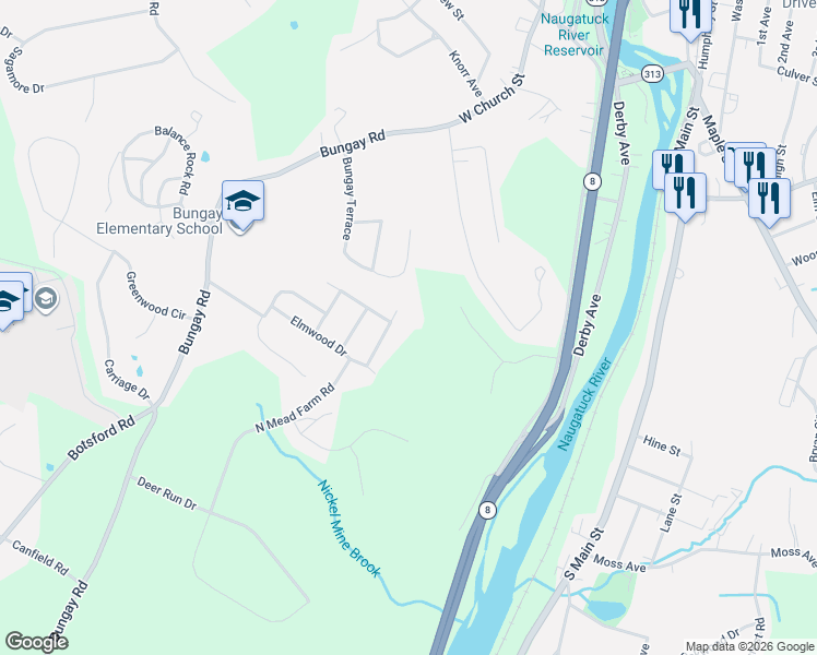 map of restaurants, bars, coffee shops, grocery stores, and more near 14 Oak Hill Road in Seymour