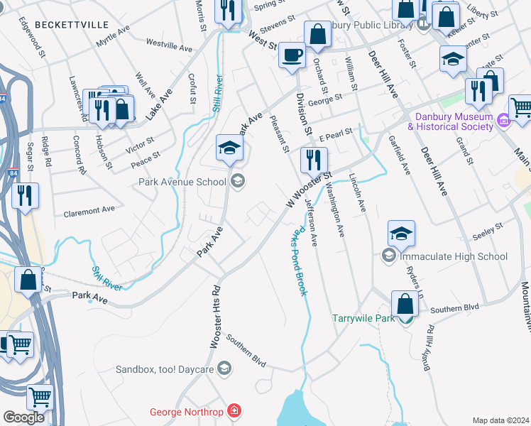map of restaurants, bars, coffee shops, grocery stores, and more near 18 Fairview Drive in Danbury