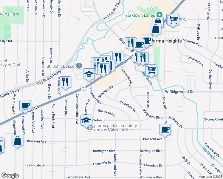 map of restaurants, bars, coffee shops, grocery stores, and more near 6522 Sherborn Road in Parma Heights