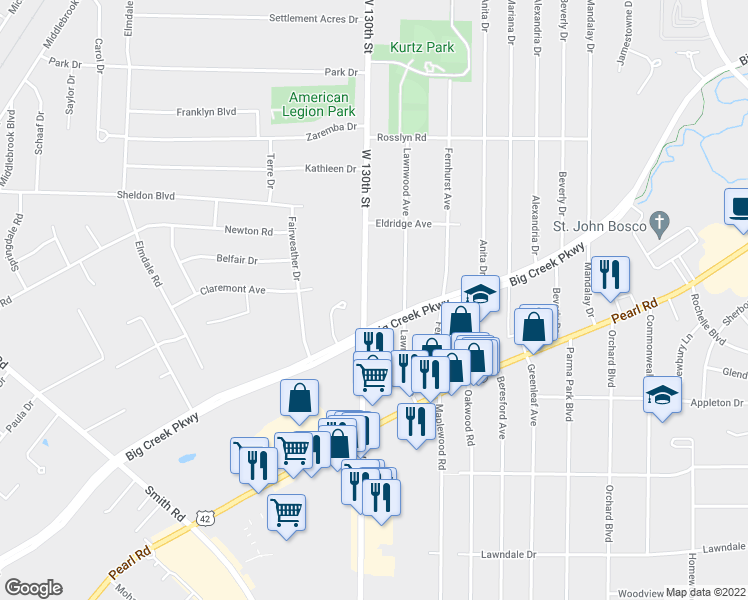 map of restaurants, bars, coffee shops, grocery stores, and more near 6585 West 130th Street in Parma Heights