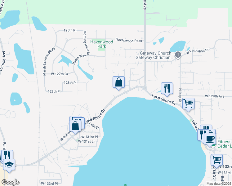 map of restaurants, bars, coffee shops, grocery stores, and more near 8300 Lake Shore Drive in Cedar Lake