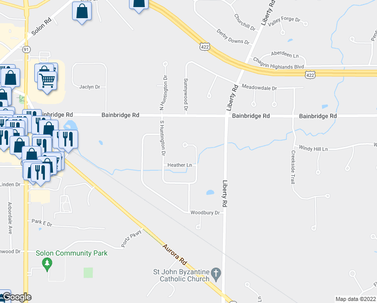 map of restaurants, bars, coffee shops, grocery stores, and more near 36175 South Huntington Drive in Solon