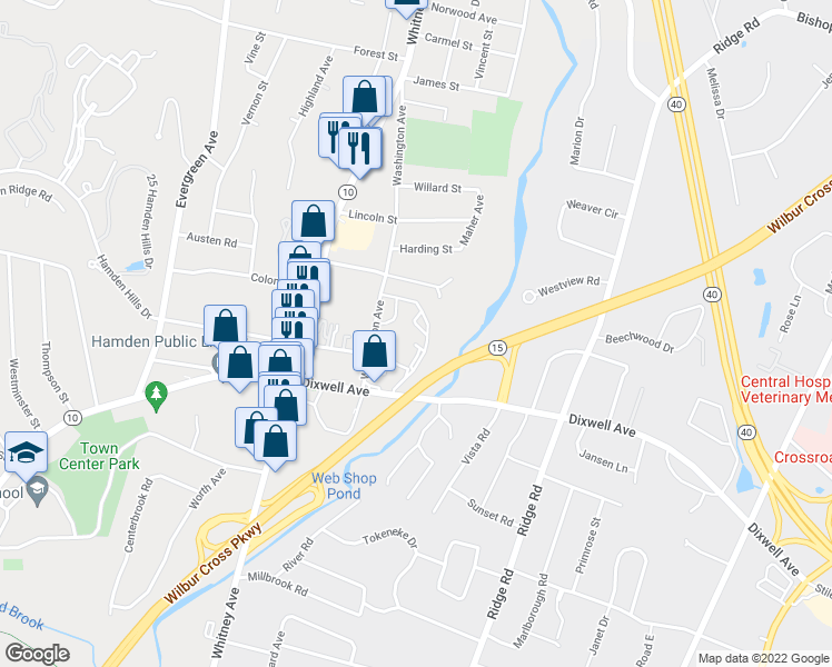 map of restaurants, bars, coffee shops, grocery stores, and more near 66 Washington Avenue in Hamden