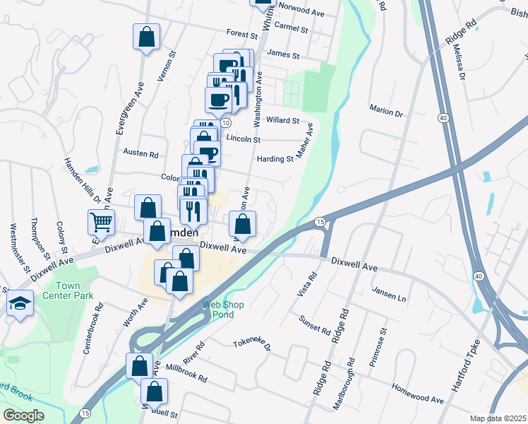 map of restaurants, bars, coffee shops, grocery stores, and more near 66 Washington Avenue in Hamden