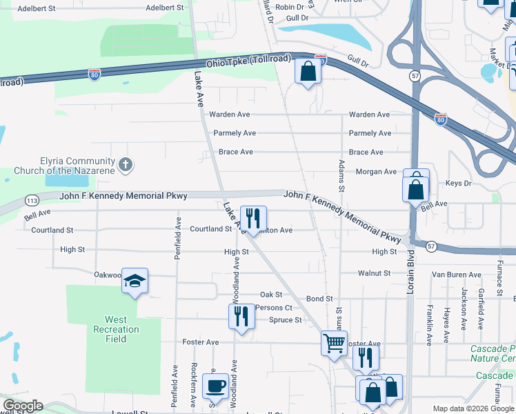 map of restaurants, bars, coffee shops, grocery stores, and more near 136 Bell Avenue in Elyria