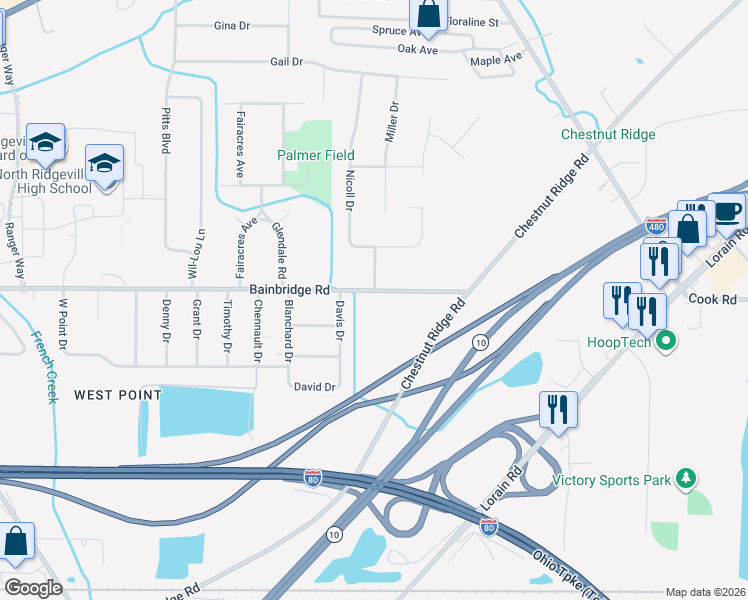 map of restaurants, bars, coffee shops, grocery stores, and more near 33615 Bainbridge Road in North Ridgeville