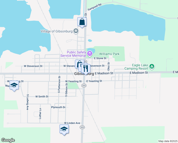 map of restaurants, bars, coffee shops, grocery stores, and more near 116 East Madison Street in Gibsonburg