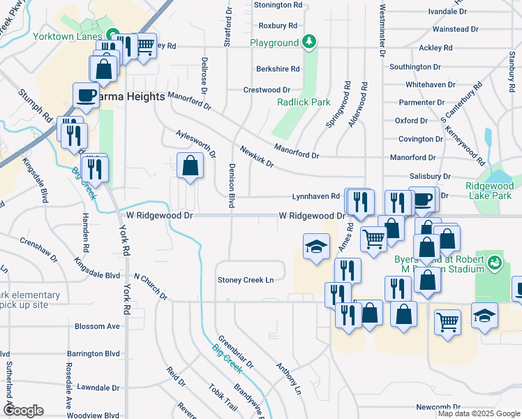 map of restaurants, bars, coffee shops, grocery stores, and more near 9468 West Ridgewood Drive in Parma Heights