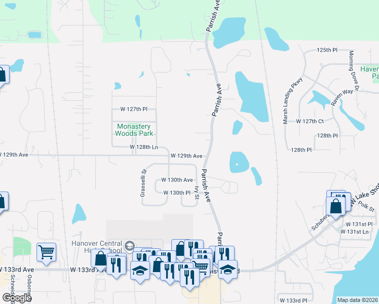 map of restaurants, bars, coffee shops, grocery stores, and more near 9728 W 129th Ave in Cedar Lake