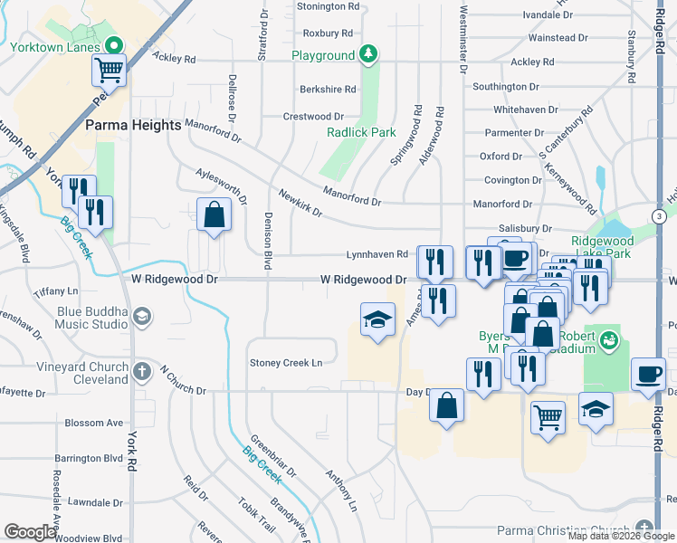 map of restaurants, bars, coffee shops, grocery stores, and more near 9272 West Ridgewood Drive in Parma Heights