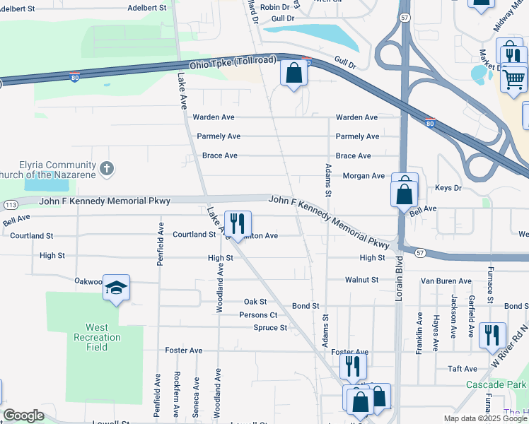 map of restaurants, bars, coffee shops, grocery stores, and more near 164 Bell Avenue in Elyria