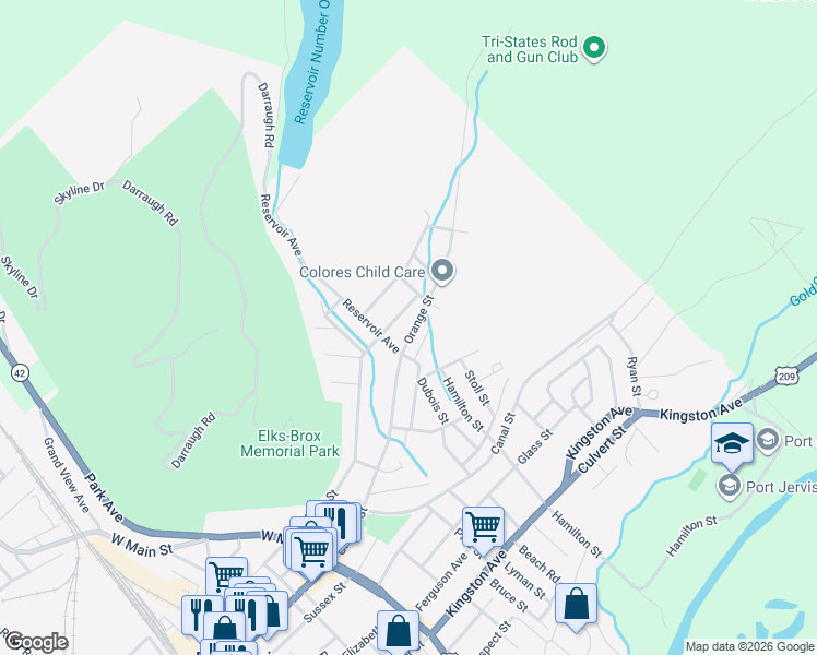 map of restaurants, bars, coffee shops, grocery stores, and more near 103 Hudson Street in Port Jervis
